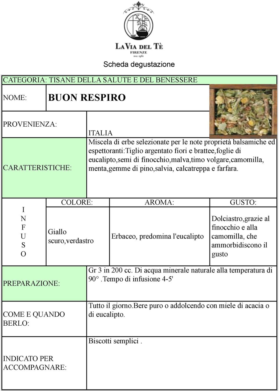 CLRE: Giallo scuro,verdastro ARMA: Erbaceo, predomina l'eucalipto GT: Dolciastro,grazie al finocchio e alla camomilla, che ammorbidiscono il gusto PREPARAZE: Gr 3 in 200 cc.