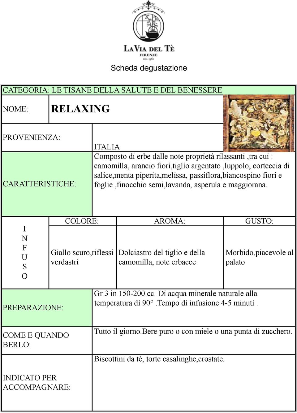 CLRE: Giallo scuro,riflessi verdastri ARMA: Dolciastro del tiglio e della camomilla, note erbacee GT: Morbido,piacevole al palato PREPARAZE: Gr 3 in 150-200 cc.