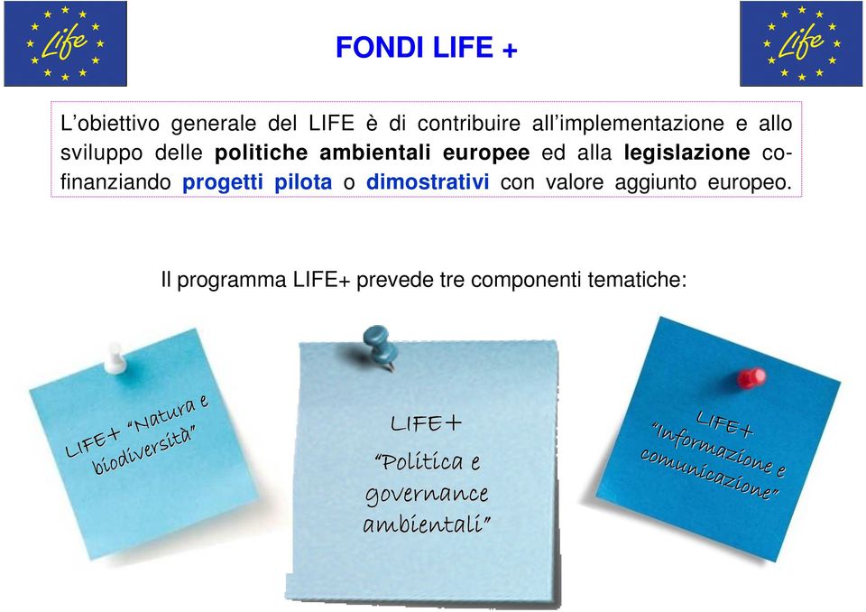 Il programma LIFE+ prevede tre componenti tematiche: LIFE+ Informazione Informazione Informazione Informazione e comunicazione comunicazione comunicazione comunicazione