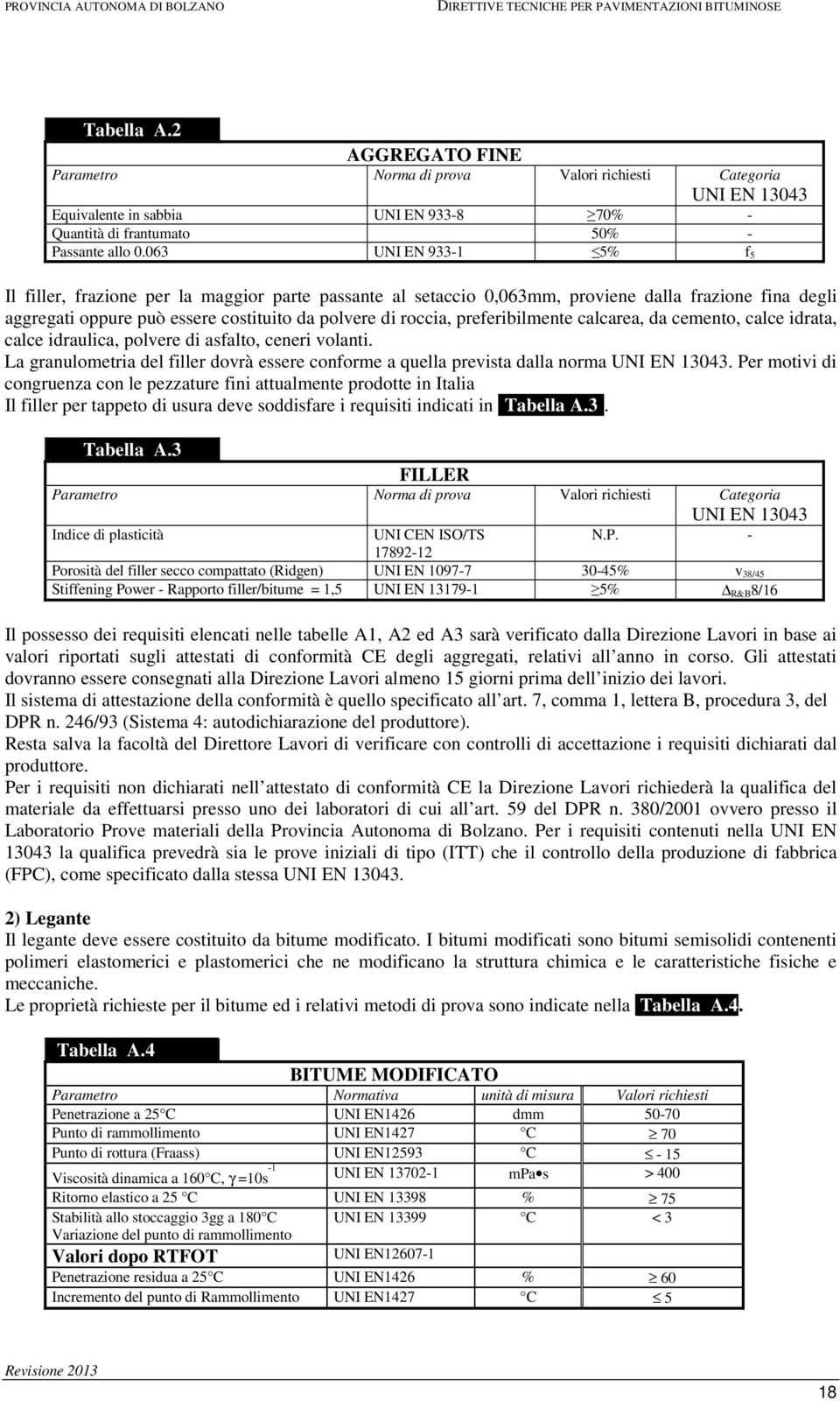 preferibilmente calcarea, da cemento, calce idrata, calce idraulica, polvere di asfalto, ceneri volanti. La granulometria del filler dovrà essere conforme a quella prevista dalla norma UNI EN 13043.