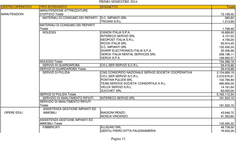 306,99 XEROX ITALIA RENTAL SERVICES SRL 258.198,11 XEROX S.P.A. 168.983,57 NOLEGGI Totale 734.389,19 SERVIZI DI GUARDAROBA CO.L.SER SERVIZI S.C.R.L. 59.416,68 SERVIZI DI GUARDAROBA Totale 59.