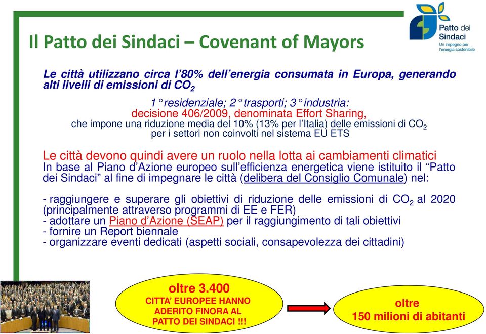 avere un ruolo nella lotta ai cambiamenti climatici In base al Piano d Azione europeo sull efficienza energetica viene istituito il Patto dei Sindaci al fine di impegnare le città (delibera del