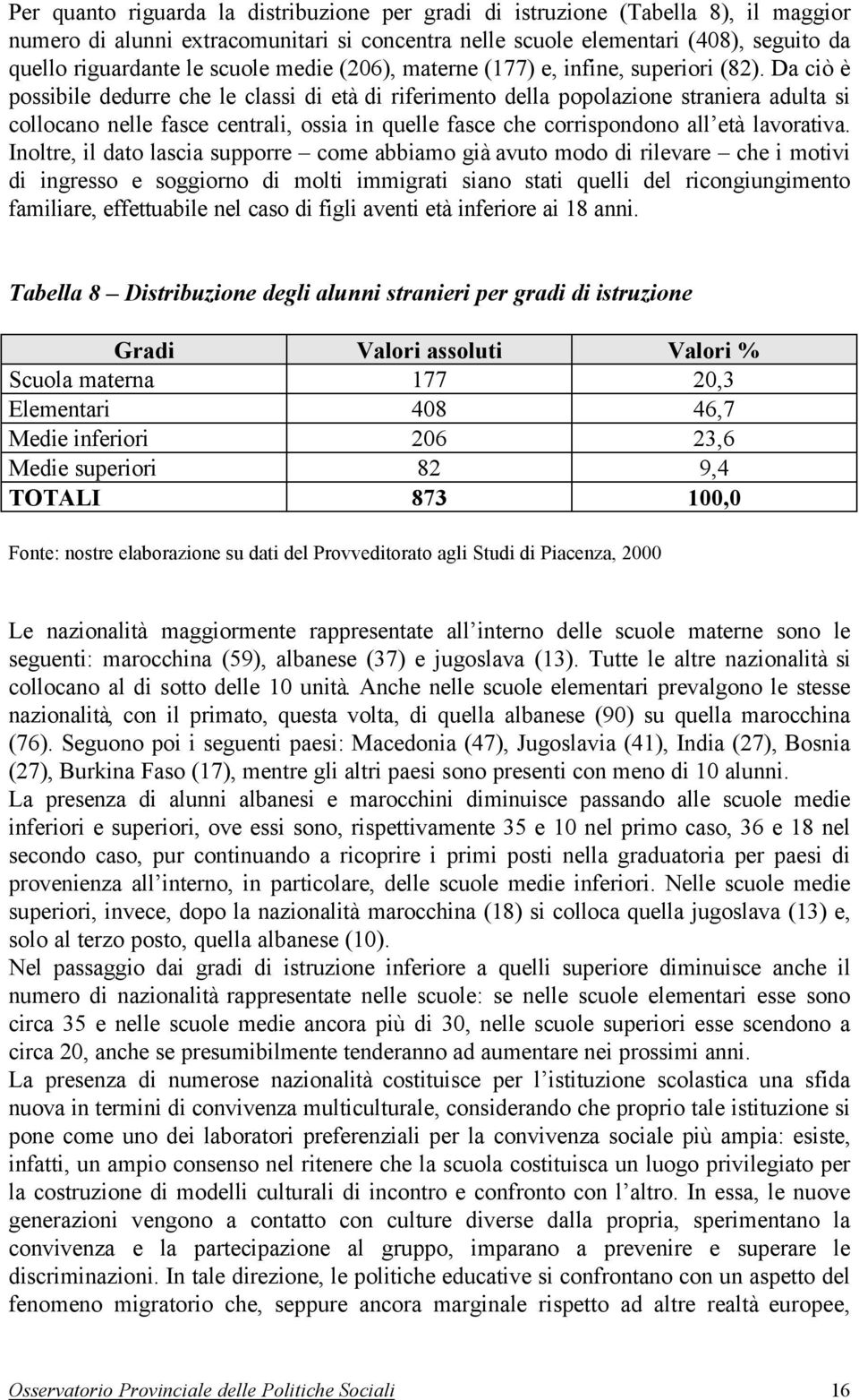 Da ciò è possibile dedurre che le classi di età di riferimento della popolazione straniera adulta si collocano nelle fasce centrali, ossia in quelle fasce che corrispondono all età lavorativa.