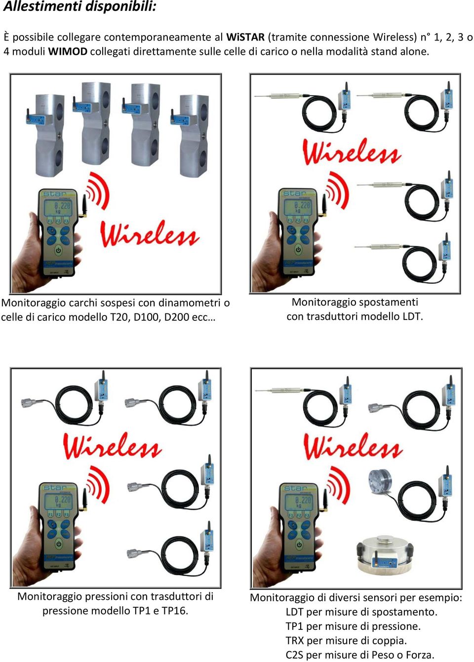 Monitoraggio carchi sospesi con dinamometri o celle di carico modello T20, D100, D200 ecc Monitoraggio spostamenti con trasduttori modello LDT.