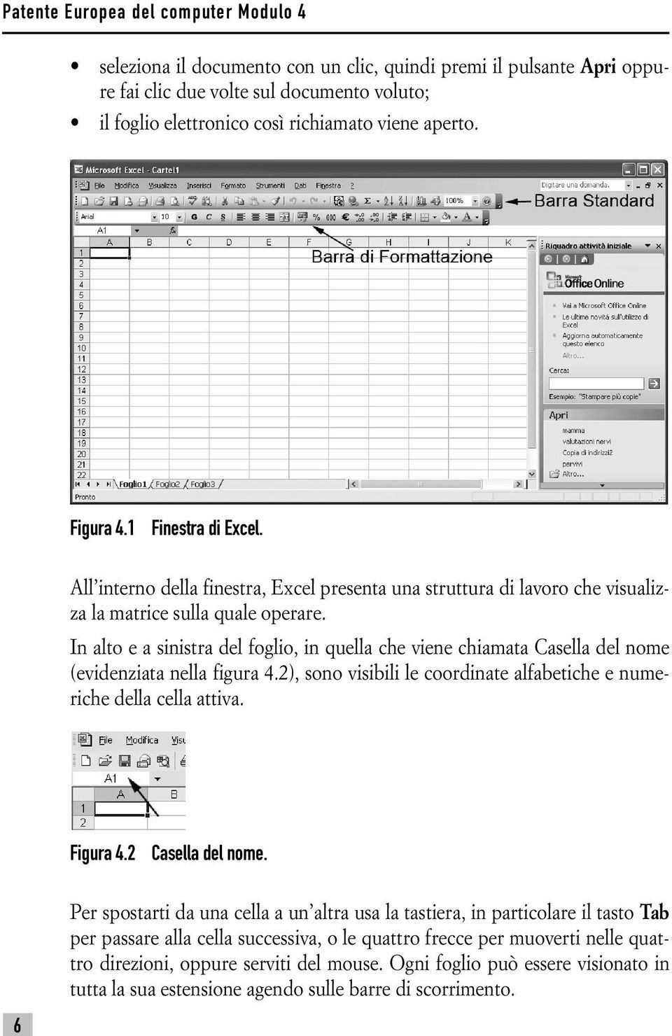 In alto e a sinistra del foglio, in quella che viene chiamata Casella del nome (evidenziata nella figura 4.2), sono visibili le coordinate alfabetiche e numeriche della cella attiva. Figura 4.