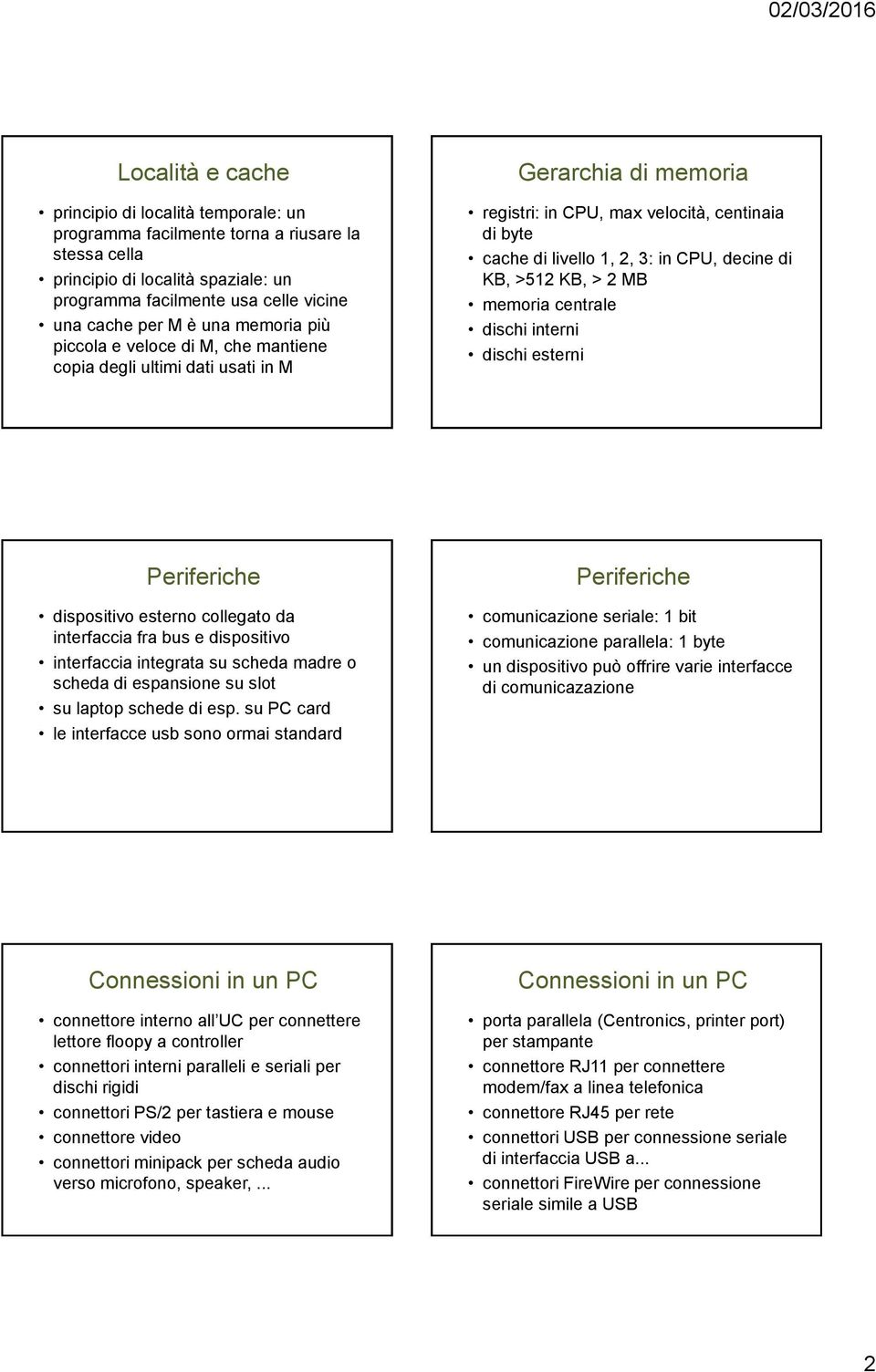 di KB, >512 KB, > 2 MB memoria centrale dischi interni dischi esterni Periferiche dispositivo esterno collegato da interfaccia fra bus e dispositivo interfaccia integrata su scheda madre o scheda di