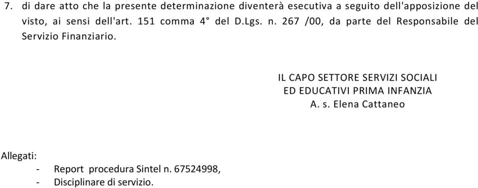 267 /00, da parte del Responsabile del Servizio Finanziario.