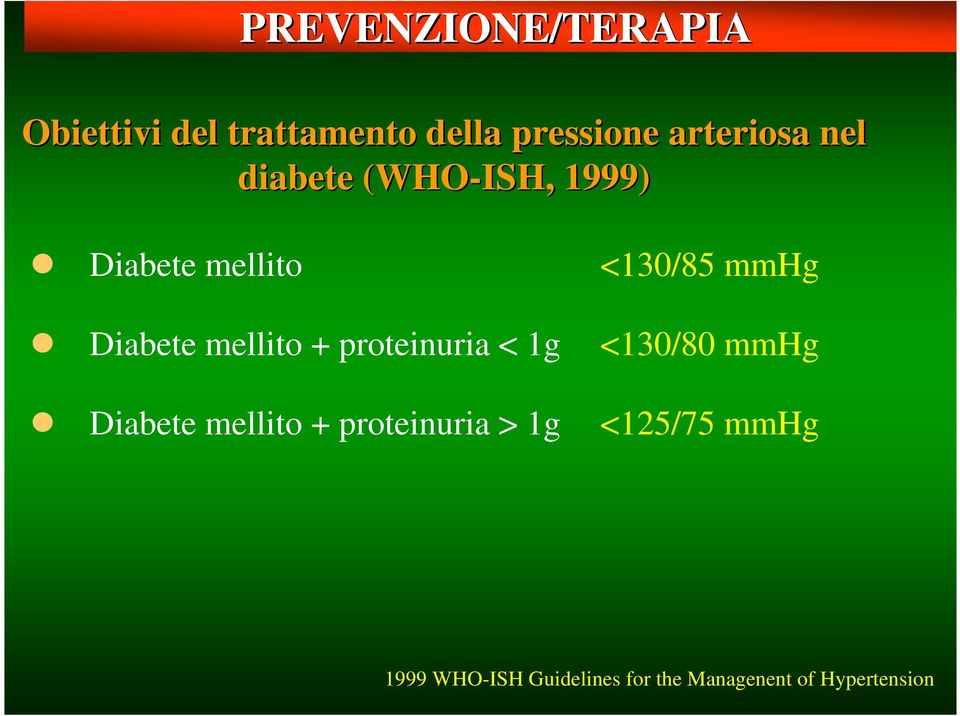 + proteinuria < 1g Diabete mellito + proteinuria > 1g <130/85 mmhg