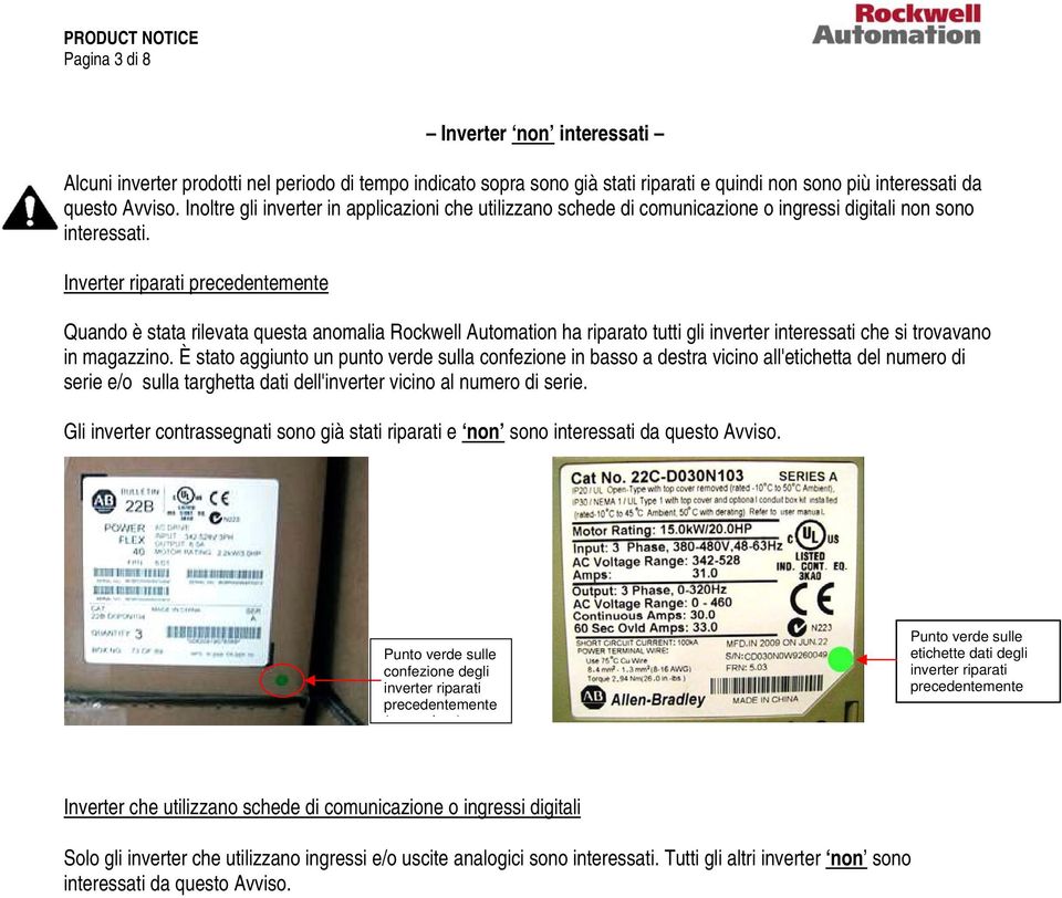 Inverter riparati precedentemente Quando è stata rilevata questa anomalia Rockwell Automation ha riparato tutti gli inverter interessati che si trovavano in magazzino.