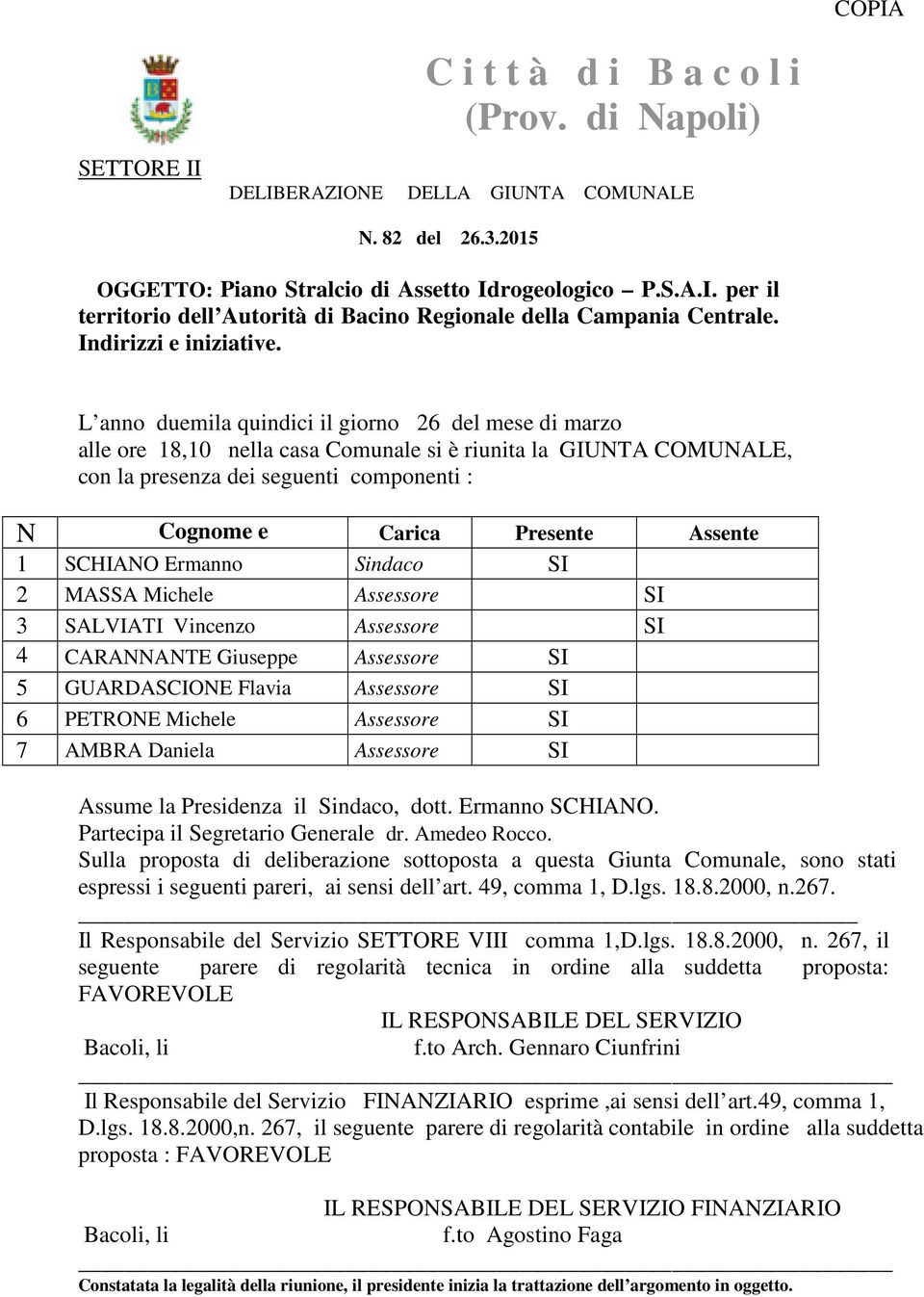 N L anno duemila quindici il giorno 26 del mese di marzo alle ore 18,10 nella casa Comunale si è riunita la GIUNTA COMUNALE, con la presenza dei seguenti componenti : Cognome e Carica Presente