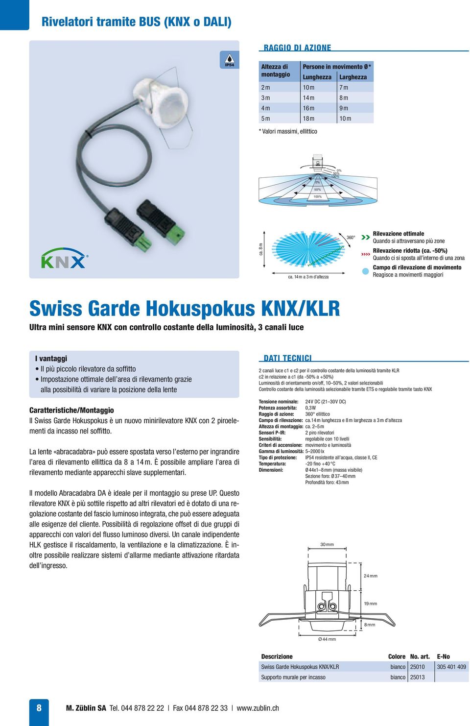 rilevamento grazie alla possibilità di variare la posizione della lente Il Swiss Garde Hokuspokus è un nuovo minirilevatore KNX con 2 piroelementi da incasso nel soffi tto.