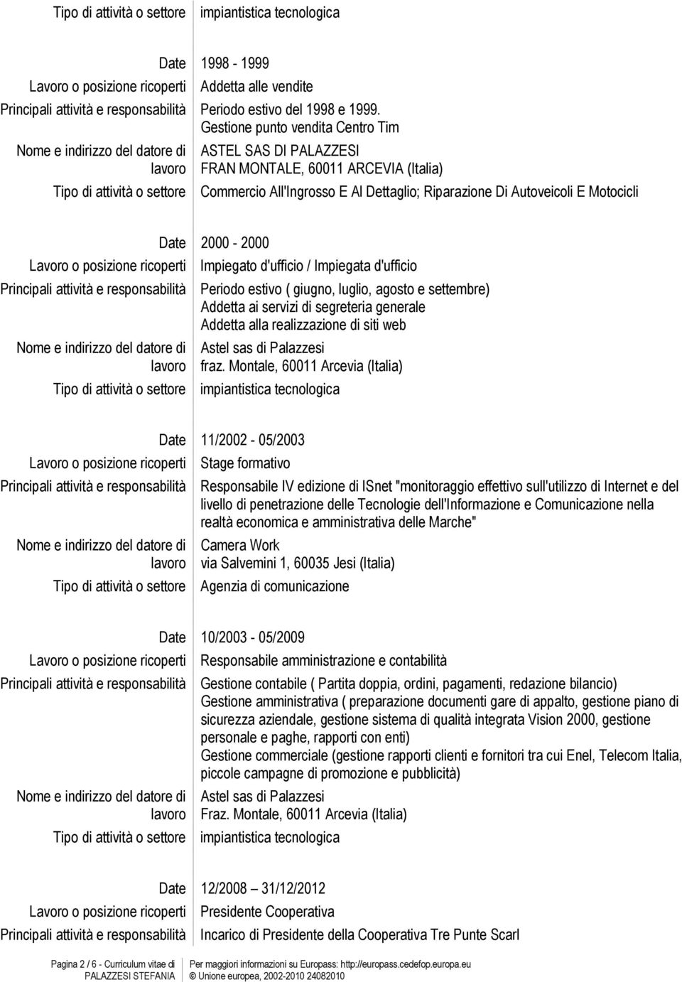 d'ufficio / Impiegata d'ufficio Periodo estivo ( giugno, luglio, agosto e settembre) Addetta ai servizi di segreteria generale Addetta alla realizzazione di siti web Astel sas di Palazzesi fraz.