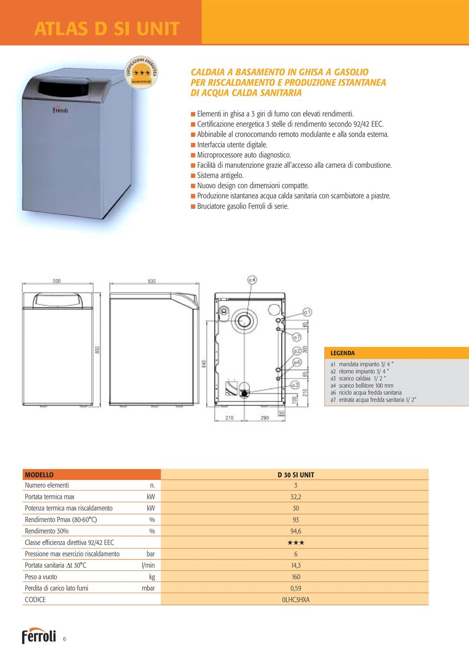 Produzione istantanea acqua calda sanitaria con scambiatore a piastre. Bruciatore gasolio Ferroli di serie.