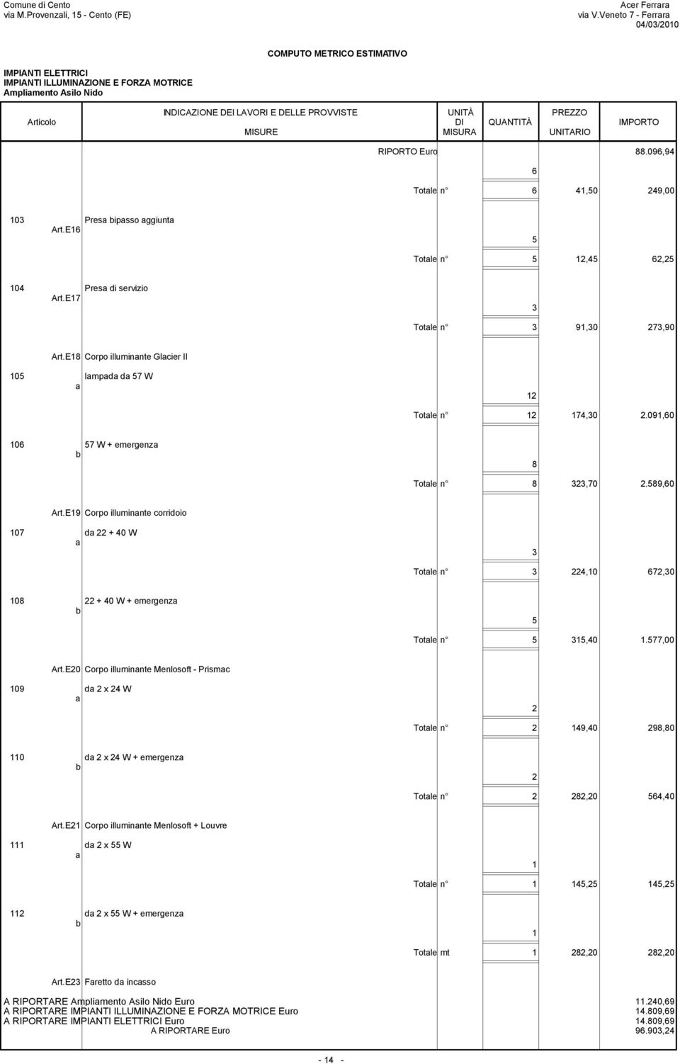 09,60 06 57 W + emergenz 8 Totle n 8,70.589,60 Art.E9 Corpo illuminnte corridoio 07 d + 40 W Totle n 4,0 67,0 08 + 40 W + emergenz 5 Totle n 5 5,40.577,00 Art.