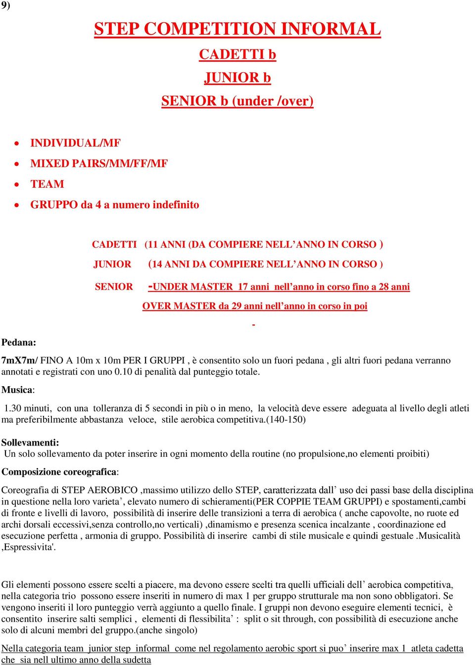 GRUPPI, è consentito solo un fuori pedana, gli altri fuori pedana verranno annotati e registrati con uno 0.10 di penalità dal punteggio totale. Musica: 1.