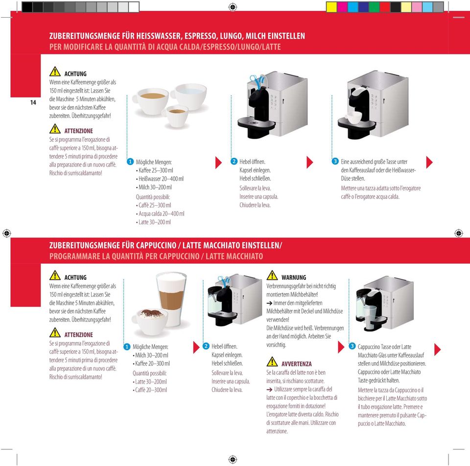 Mettere una tazza adatta sotto l erogatore ZUBEREITUNGSMENGE FÜR CAPPUCCINO / LATTE MACCHIATO EINSTELLEN/ PROGRAMMARE LA QUANTITÀ PER CAPPUCCINO / LATTE MACCHIATO ACHTUNG ATTENZIONE Se si programma l