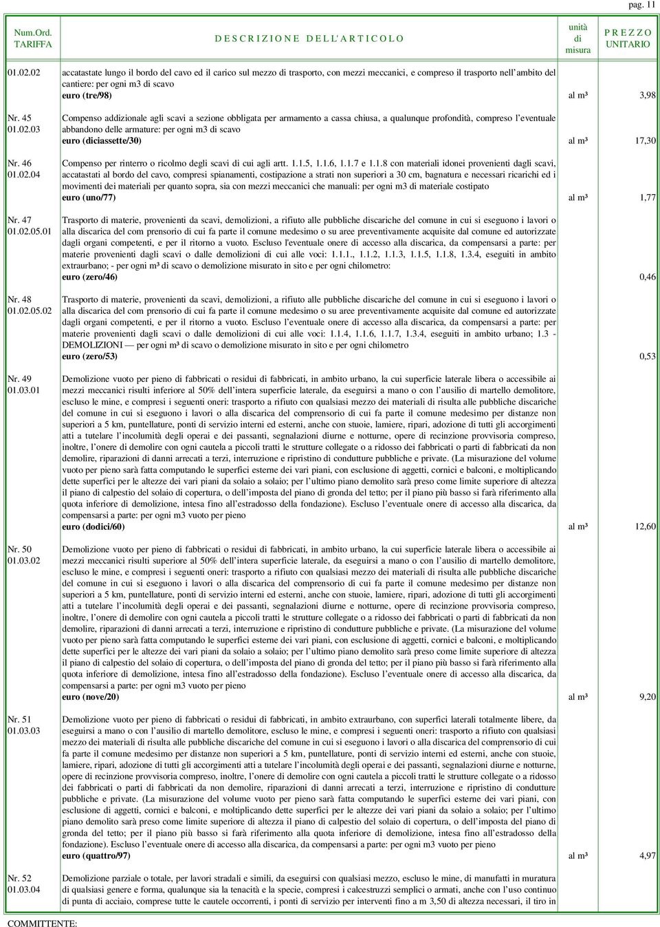 45 Compenso adzionale agli scavi a sezione obbligata per armamento a cassa chiusa, a qualunque profontà, compreso l eventuale 01.02.