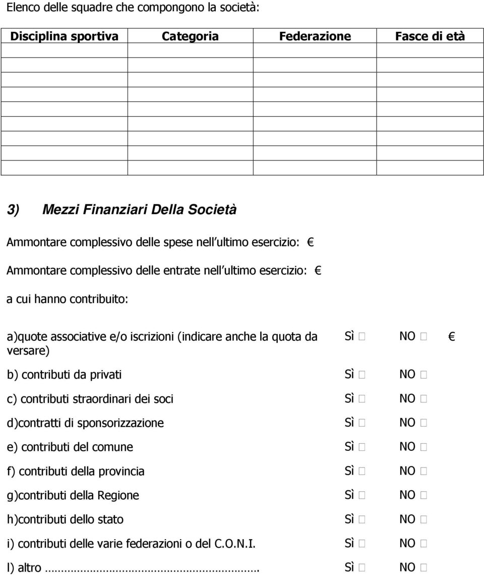 quota da versare) Sì NO b) contributi da privati Sì NO c) contributi straordinari dei soci Sì NO d)contratti di sponsorizzazione Sì NO e) contributi del comune Sì NO