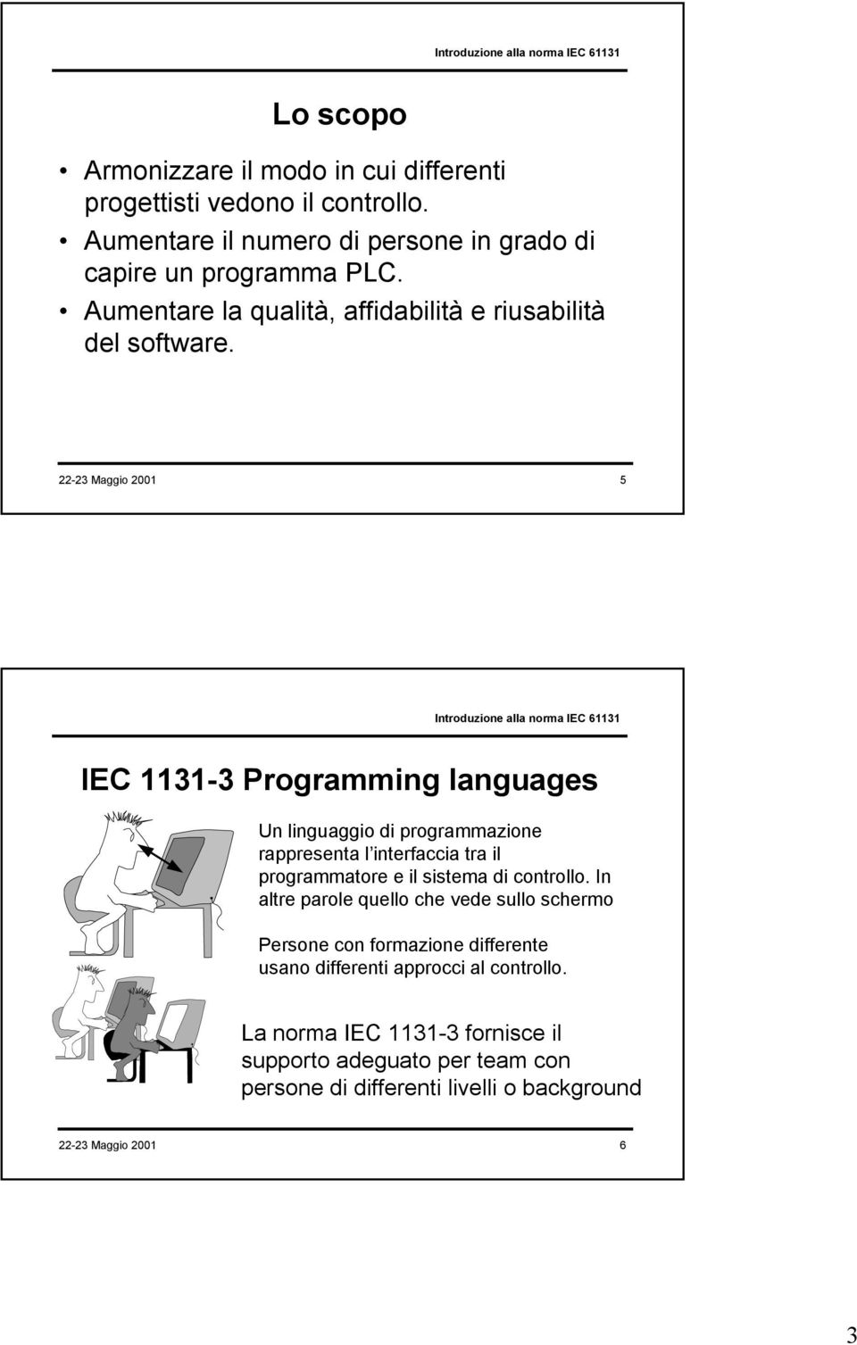 22-23 Maggio 2001 5 IEC 1131-3 Programming languages Un linguaggio di programmazione rappresenta l interfaccia tra il programmatore e il sistema di