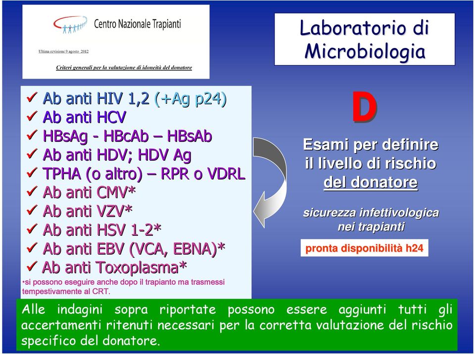 Laboratorio di Microbiologia Esami per definire il livello di rischio del donatore sicurezza infettivologica nei trapianti pronta disponibilità