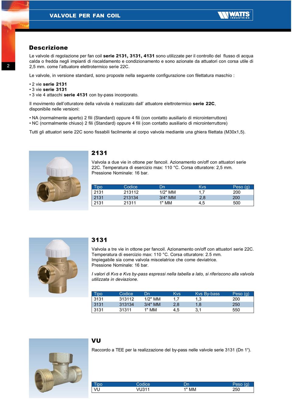 Le valvole, in versione standard, sono proposte nella seguente configurazione con filettatura maschio : vie serie 11 vie serie 11 vie 4 attacchi serie 411 con by-pass incorporato.