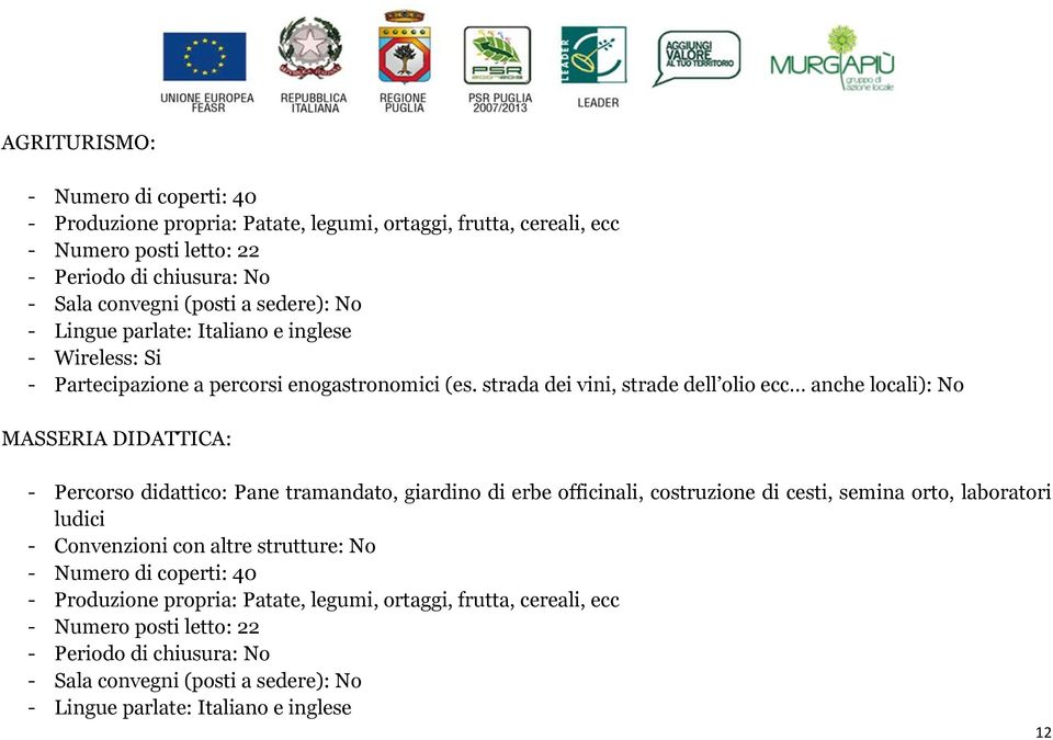 strada dei vini, strade dell olio ecc anche locali): No MASSERIA DIDATTICA: - Percorso didattico: Pane tramandato, giardino di erbe officinali, costruzione di cesti, semina orto,