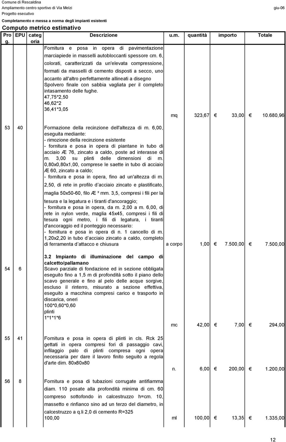 per il completo intasamento delle fughe. 47,75*2,50 46,62*2 36,41*3,05 53 40 Formazione della recinzione dell'altezza di m.