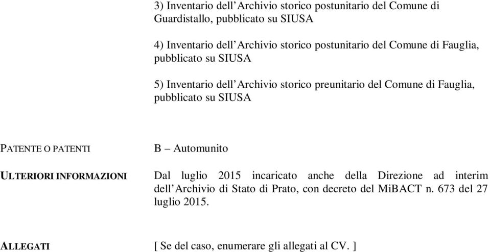 pubblicato su SIUSA PATENTE O PATENTI ULTERIORI INFORMAZIONI B Automunito Dal luglio 2015 incaricato anche della Direzione ad