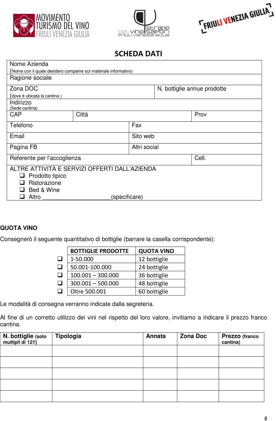 tipico Ristorazione Bed & Wine Altro (specificare) Cell. QUOTA VINO Consegnerò il seguente quantitativo di bottiglie (barrare la casella corrispondente): BOTTIGLIE PRODOTTE QUOTA VINO 1-50.