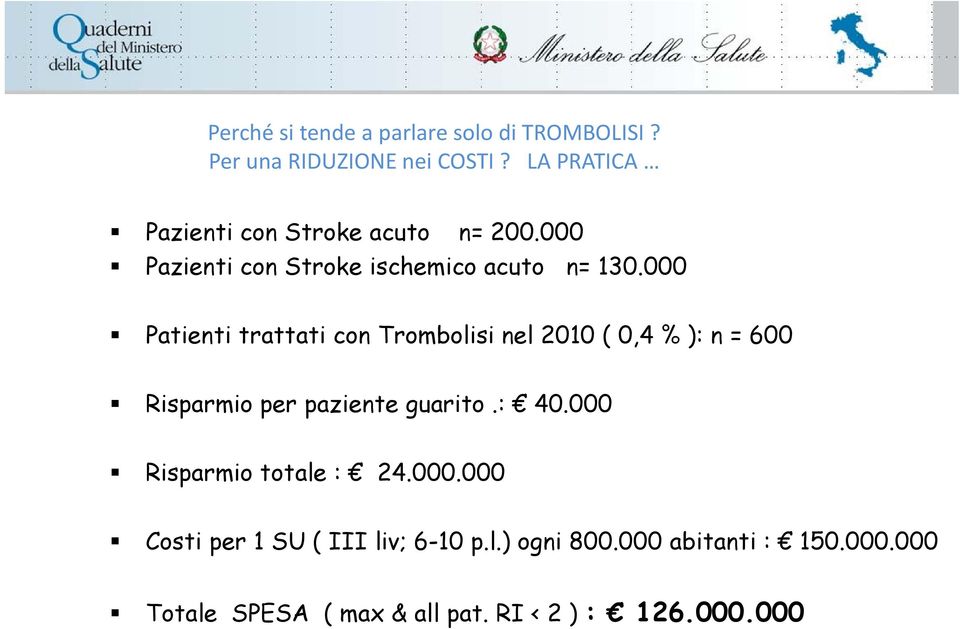 000 Patienti trattati con Trombolisi nel 2010 ( 0,4 % ): n = 600 Risparmio per paziente guarito.: 40.