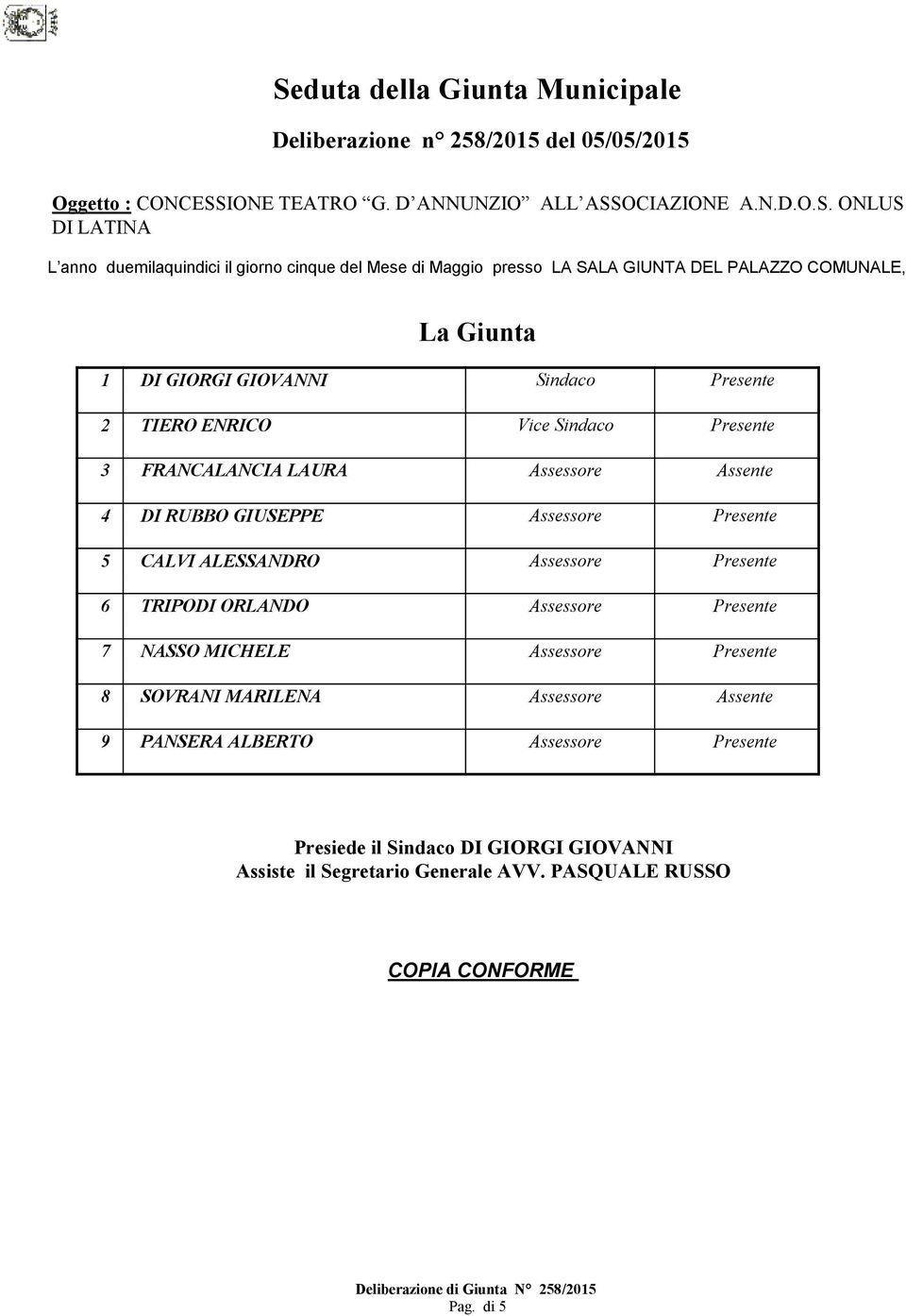 Presente 3 FRANCALANCIA LAURA Assessore Assente 4 DI RUBBO GIUSEPPE Assessore Presente 5 CALVI ALESSANDRO Assessore Presente 6 TRIPODI ORLANDO Assessore Presente 7 NASSO MICHELE