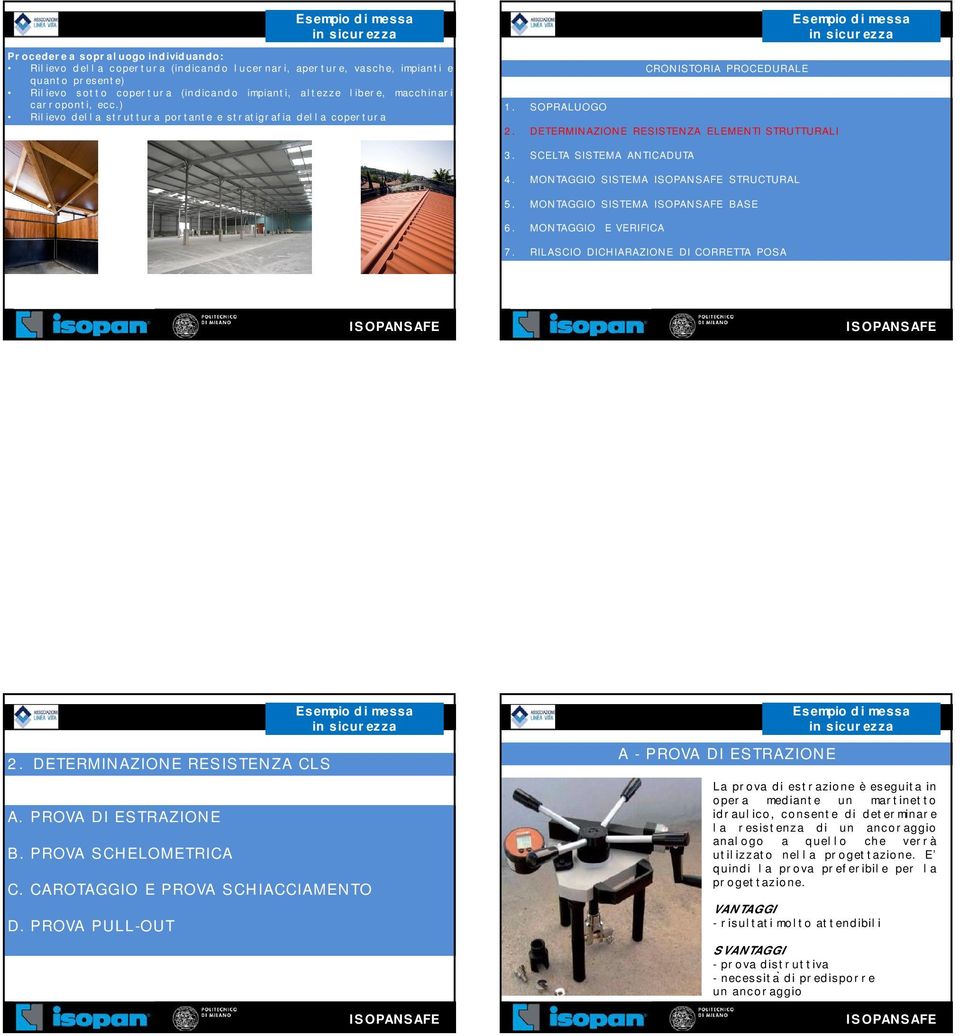 SCELTA SISTEMA ANTICADUTA 4. MONTAGGIO SISTEMA STRUCTURAL 5. MONTAGGIO SISTEMA BASE 6. MONTAGGIO E VERIFICA 7. RILASCIO DICHIARAZIONE DI CORRETTA POSA 2. DETERMINAZIONE RESISTENZA CLS A.