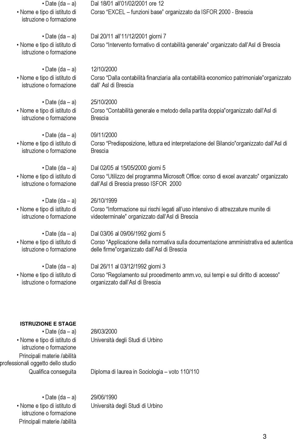 organizzato dall Asl di Corso Predisposizione, lettura ed interpretazione del Bilancio organizzato dall Asl di Dal 02/05 al 15/05/2000 giorni 5 26/10/1999 Corso Utilizzo del programma Microsoft