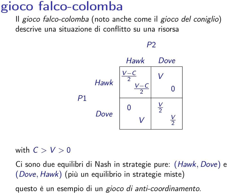 V 2 with C > V > 0 Ci sono due equilibri di Nash in strategie pure: (Hawk, Dove) e (Dove,