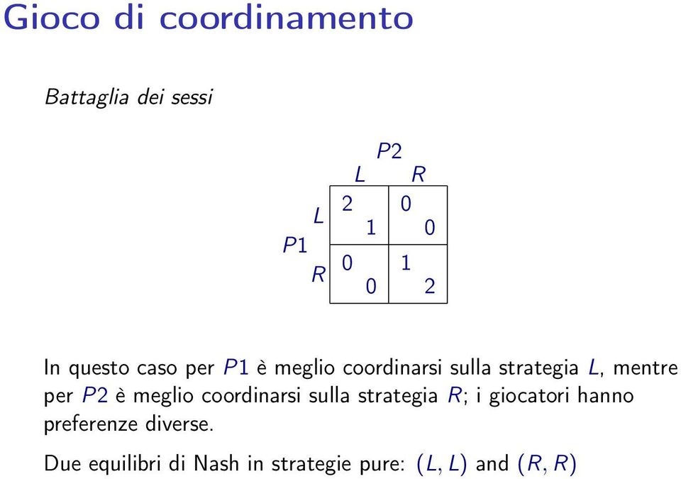 per P2 è meglio coordinarsi sulla strategia R; i giocatori hanno