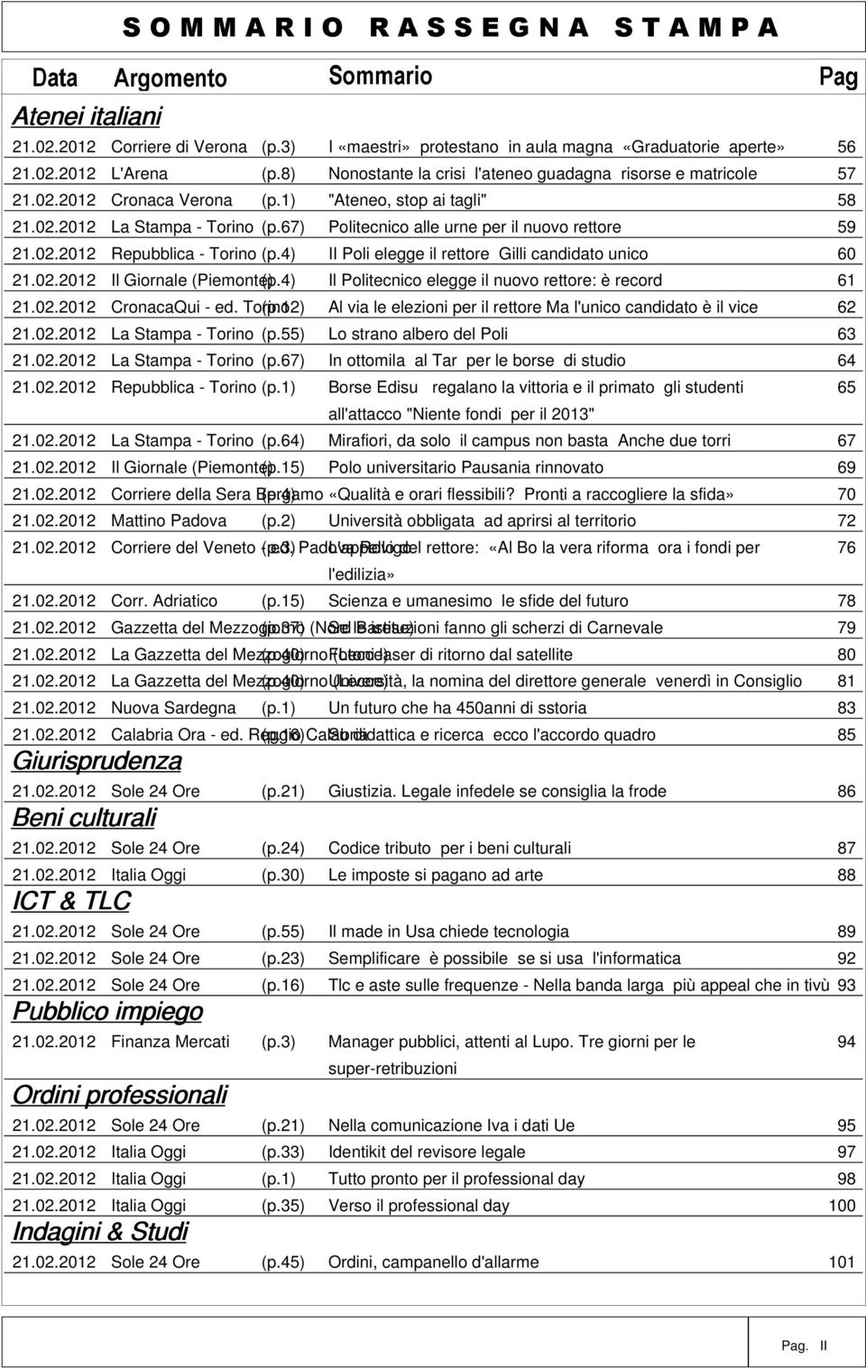 67) Politecnico alle urne per il nuovo rettore 59 21.02.2012 Repubblica - Torino (p.4) II Poli elegge il rettore Gilli candidato unico 60 21.02.2012 Il Giornale (Piemonte) (p.