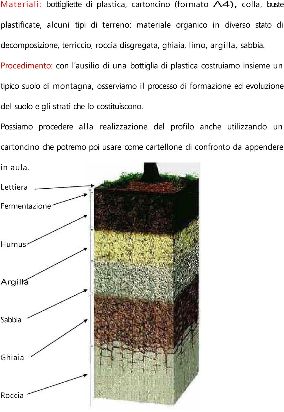 Procedimento: con l ausilio di una bottiglia di plastica costruiamo insieme un tipico suolo di montagna, osserviamo il processo di formazione ed evoluzione del