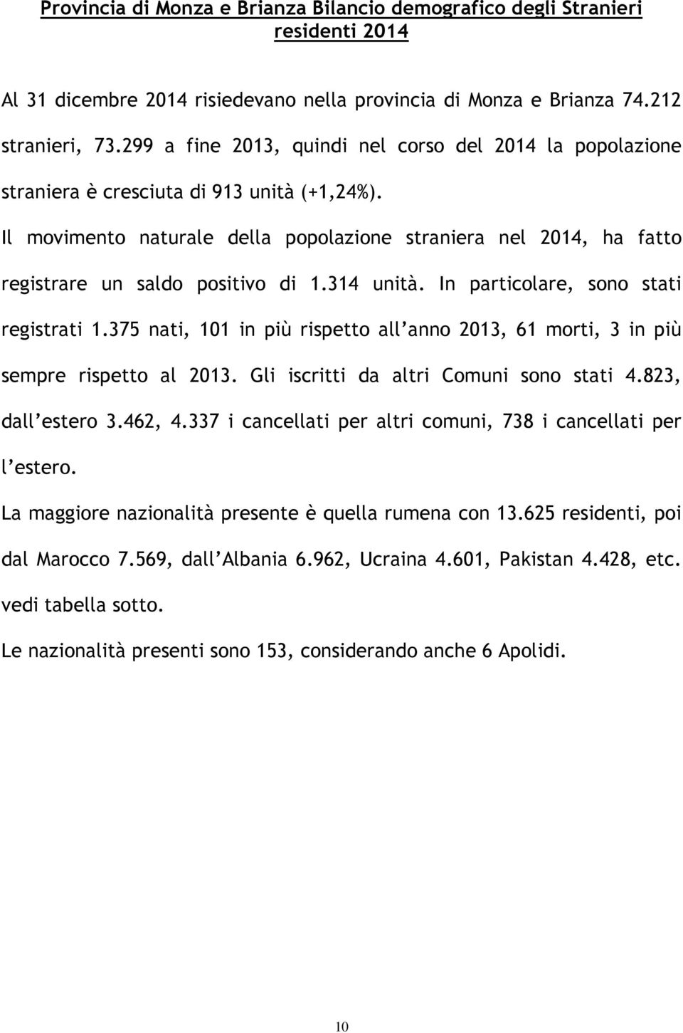 Il movimento naturale della popolazione straniera nel 2014, ha fatto registrare un saldo positivo di 1.314 unità. In particolare, sono stati registrati 1.