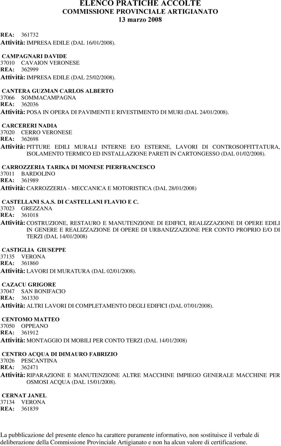 &$5&(5(5,1$',$ 37020 CERRO VERONESE 5($ 362698 $WWLYLWj PITTURE EDILI MURALI INTERNE E/O ESTERNE, LAVORI DI CONTROSOFFITTATURA, ISOLAMENTO TERMICO ED INSTALLAZIONE PARETI IN CARTONGESSO (DAL