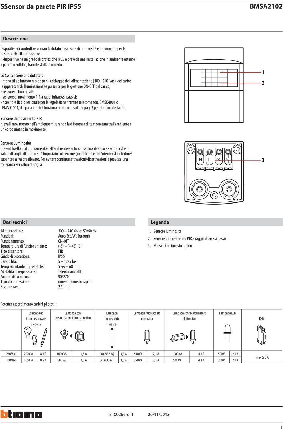 Lo Switch Sensor è dotato di: - morsetti ad innesto rapido per il cablaggio dell alimentazione (100-40 Vac), del carico (apparecchi di illuminazione) e pulsante per la gestione ON-OFF del carico; -