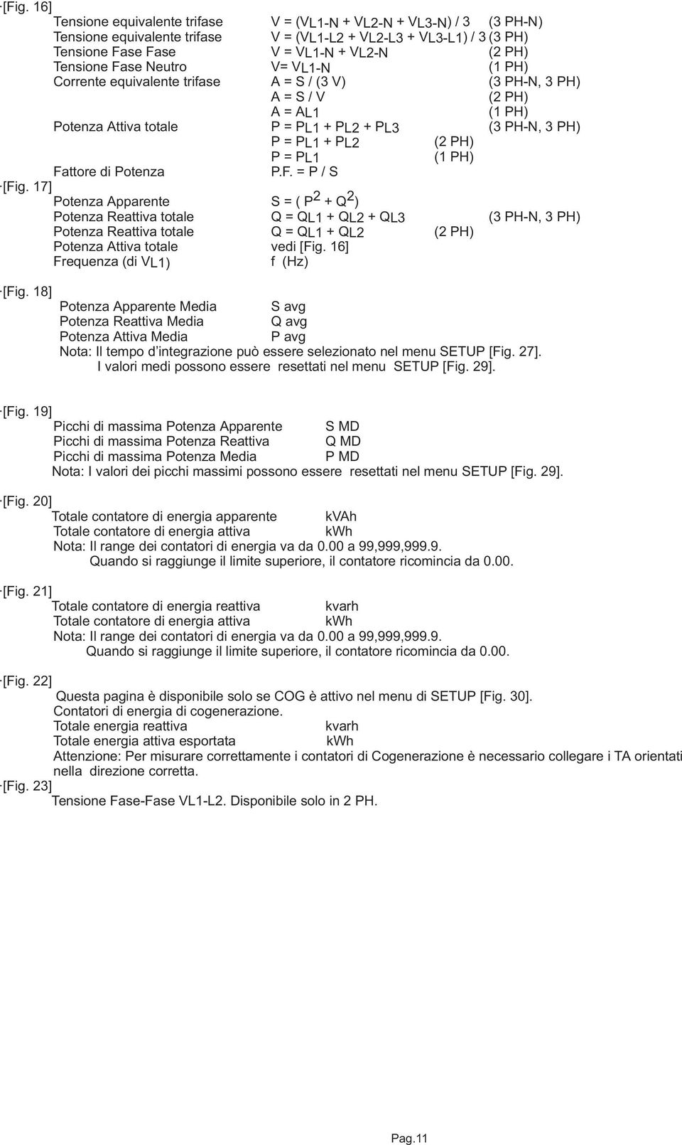 17] Potenza Apparente S = ( P 2 + Q 2 ) Potenza Reattiva totale Q = Q + Q + Q (3 PH-, 3 PH) Potenza Reattiva totale Q = Q + Q (2 PH) Potenza Attiva totale vedi [Fig. 16] Frequenza (di V) f (Hz) [Fig.