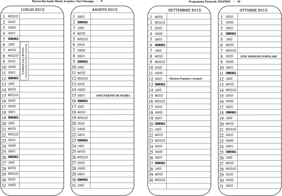 (ADOLESCIENTI-GIOVANISSIMI) 0 0 Programma Pastorale 0/0-0 0 0