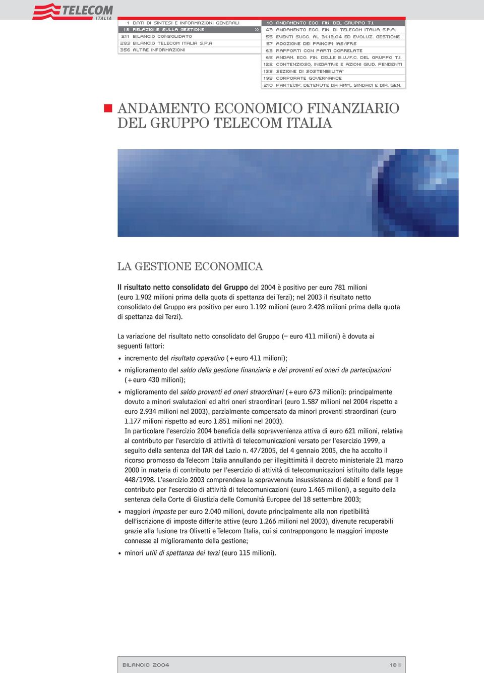 902 milioni prima della quota di spettanza dei Terzi); nel 2003 il risultato netto consolidato del Gruppo era positivo per euro 1.192 milioni (euro 2.