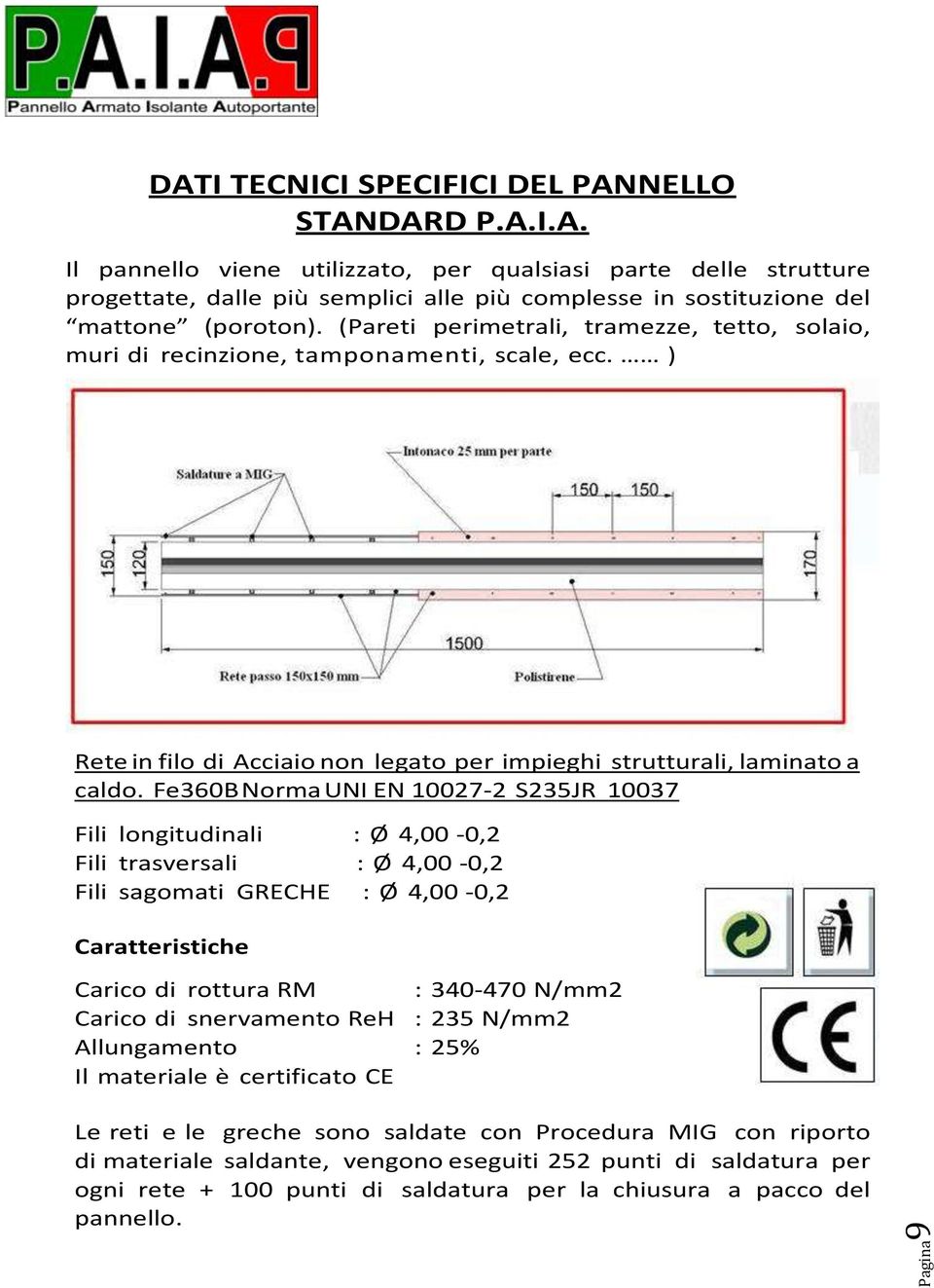 Fe360B Norma UNI EN 10027-2 S235JR 10037 Fili longitudinali : Ø 4,00-0,2 Fili trasversali : Ø 4,00-0,2 Fili sagomati GRECHE : Ø 4,00-0,2 Caratteristiche Carico di rottura RM : 340-470 N/mm2 Carico di