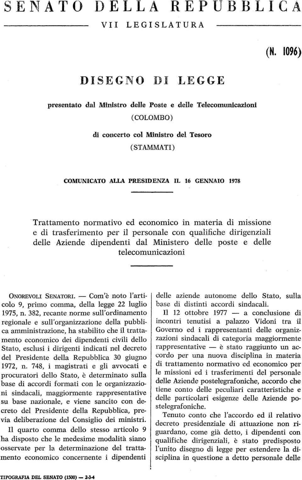 normativo ed economico in materia di missione e di trasferimento per il personale con qualifiche dirigenziali delle Aziende dipendenti dal Ministero delle poste e delle telecomunicazioni ONOREVOLI