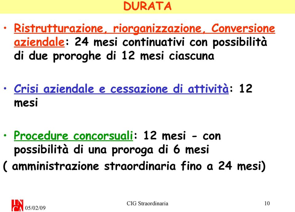 cessazione di attività: 12 mesi Procedure concorsuali: 12 mesi - con possibilità