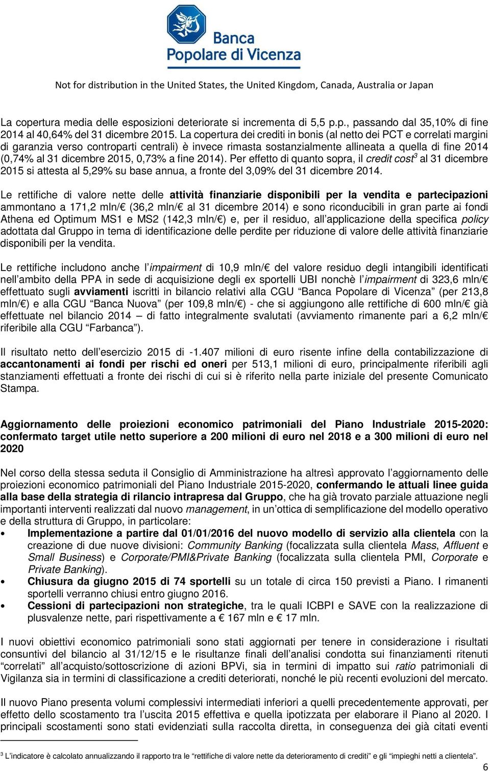 2015, 0,73% a fine 2014). Per effetto di quanto sopra, il credit cost 3 al 31 dicembre 2015 si attesta al 5,29% su base annua, a fronte del 3,09% del 31 dicembre 2014.