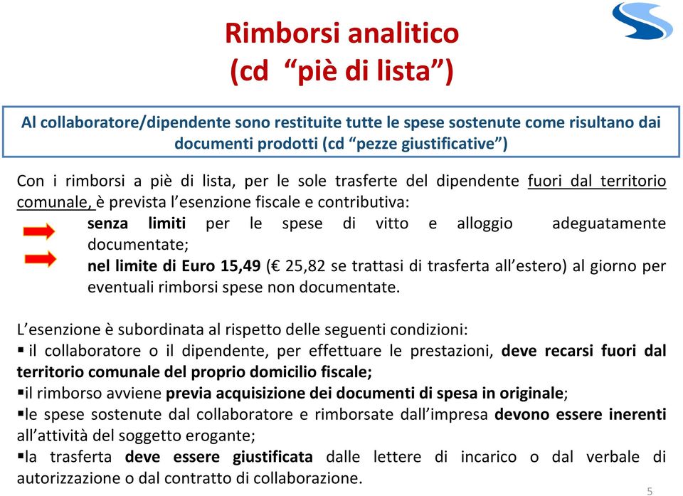 limite di Euro 15,49 ( 25,82 se trattasi di trasferta all estero) al giorno per eventuali rimborsi spese non documentate.