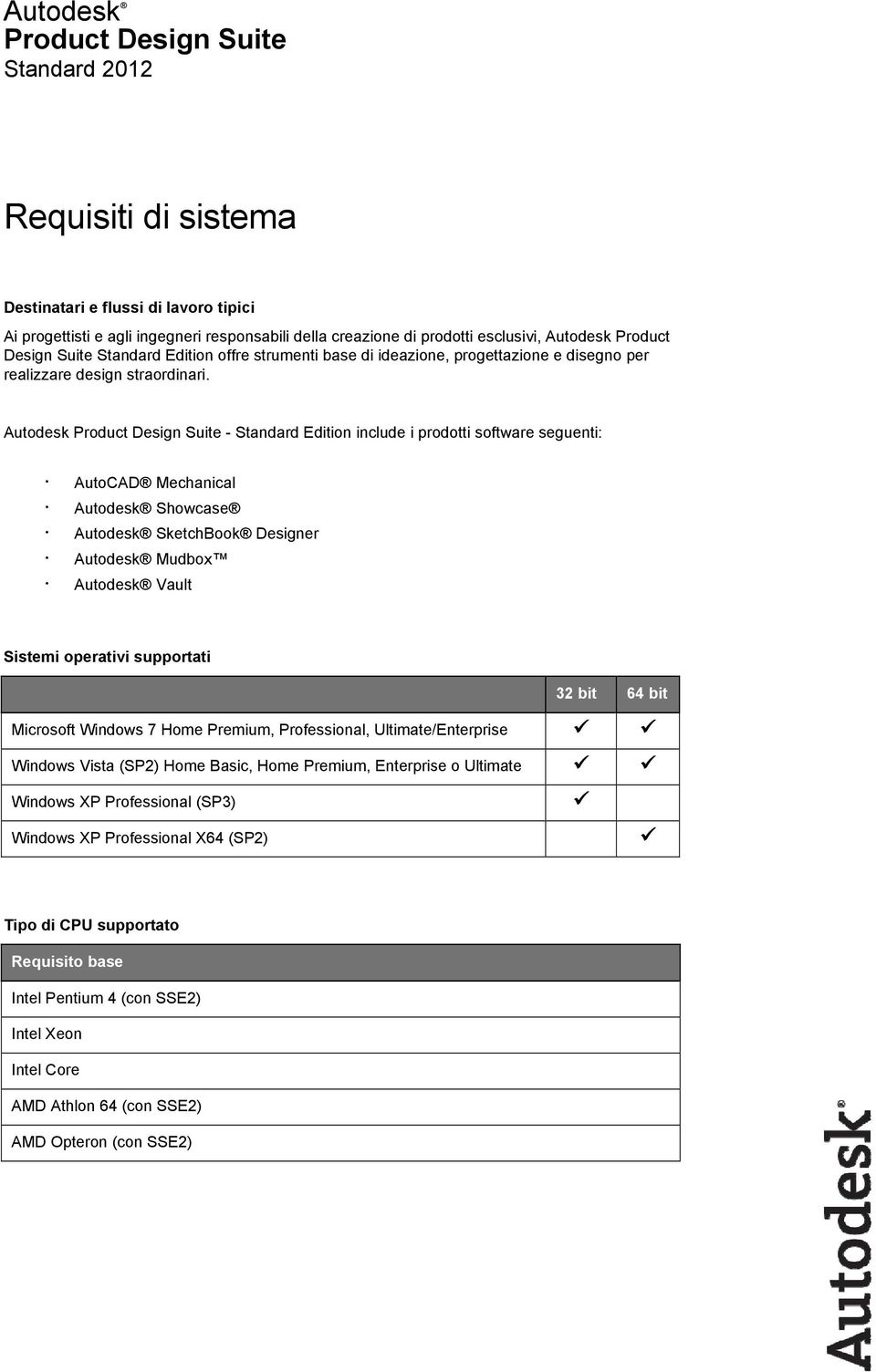 Autodesk Product Design Suite - Standard Edition include i prodotti software seguenti: AutoCAD Mechanical Showcase SketchBook Designer Mudbox Vault Sistemii operativi supportati Microsoft Windows 7