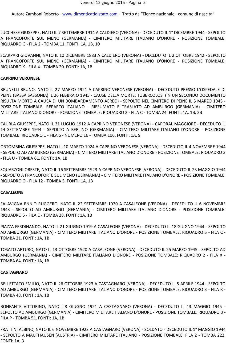 FONTI: 1A, 1B, 10 SCARPARI GIOVANNI, NATO IL 10 DICEMBRE 1883 A CALDIERO (VERONA) - DECEDUTO IL 2 OTTOBRE 1942 - SEPOLTO A FRANCOFORTE SUL MENO (GERMANIA) - CIMITERO MILITARE ITALIANO D'ONORE -